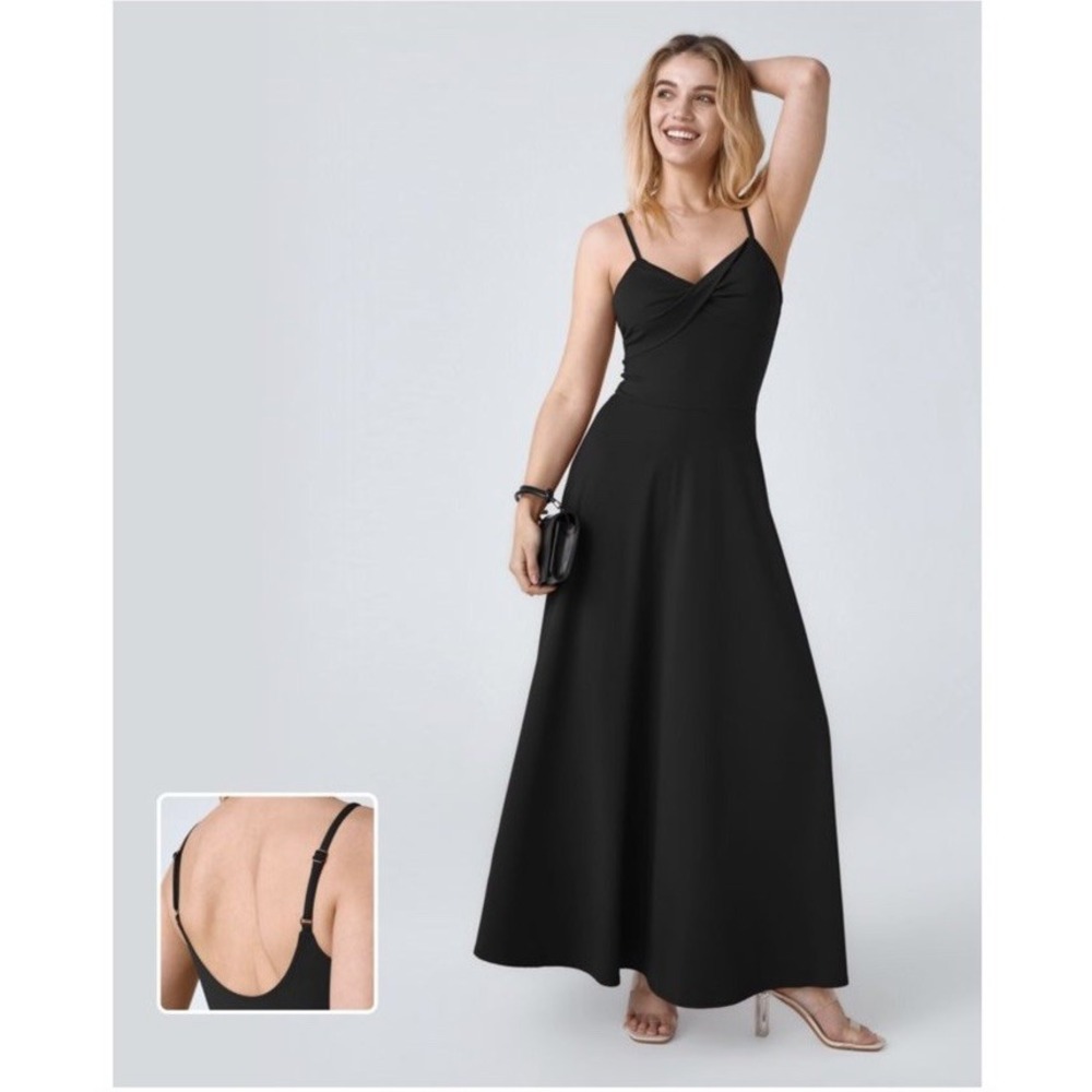 Halara Womens U Back Flare Flowy Maxi Slip Dress Sz M Black Minimalist Capsule